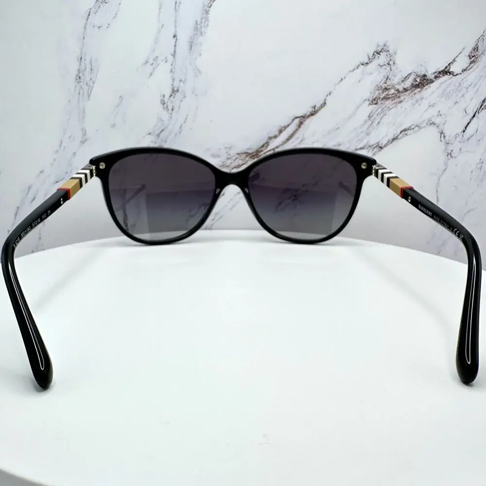 New Burberry Sunglasses Black Cat Eye Check Arms Gold Hardware Womens BURBERRY
